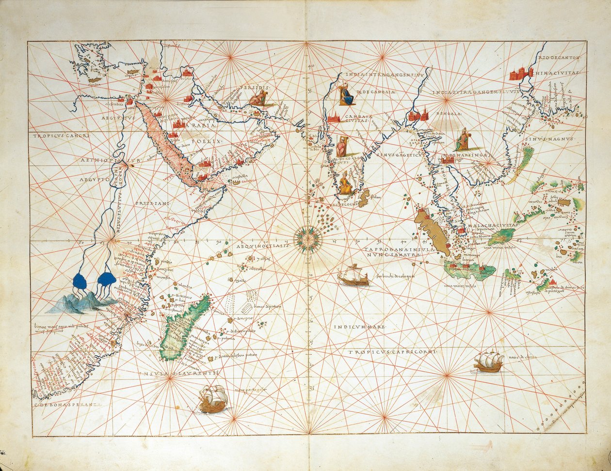 De Indische Oceaan en een deel van Azië en Afrika, uit Atlas van de Wereld in drieëndertig Kaarten, door Battista Agnese door Battista Agnese