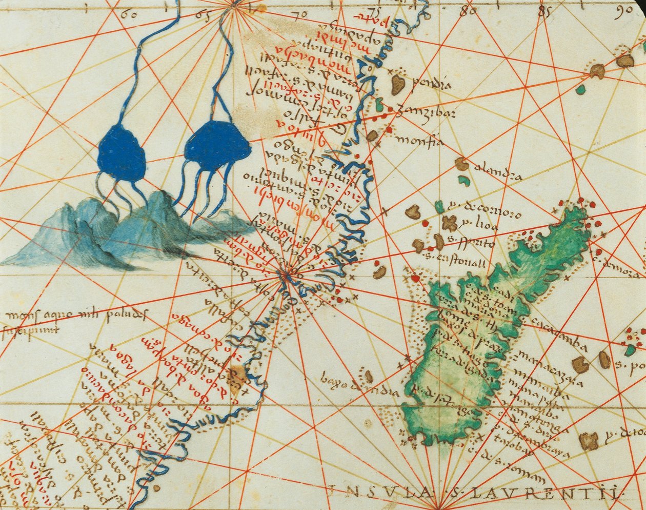 De Indische Oceaan en een deel van Azië en Afrika: bron van de Nijl en Madagaskar, uit Atlas van de Wereld in drieëndertig Kaarten, door Battista Agnese door Battista Agnese