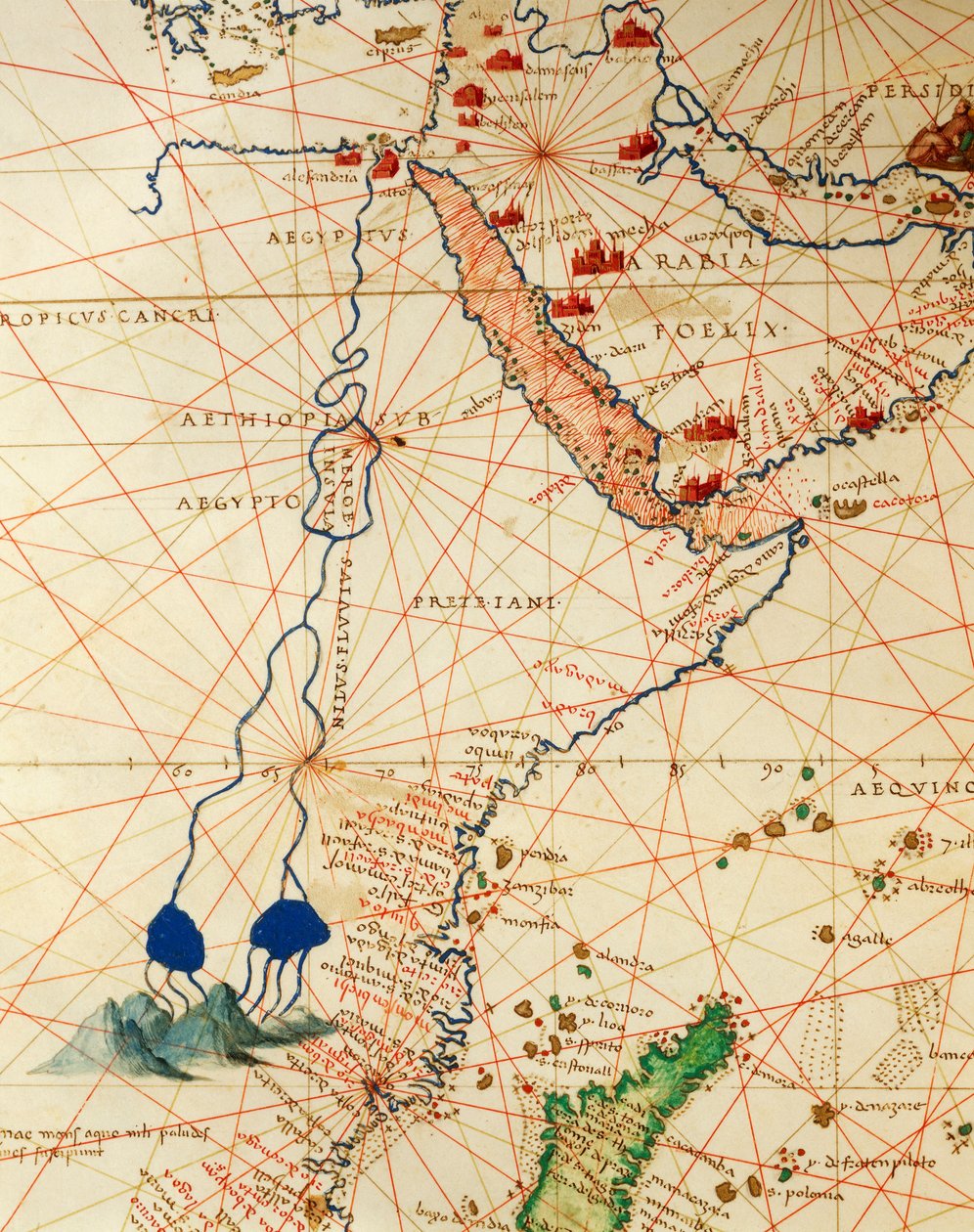 De Indische Oceaan en een deel van Azië en Afrika: de loop van de Nijl, uit Atlas van de Wereld in drieëndertig Kaarten, door Battista Agnese door Battista Agnese