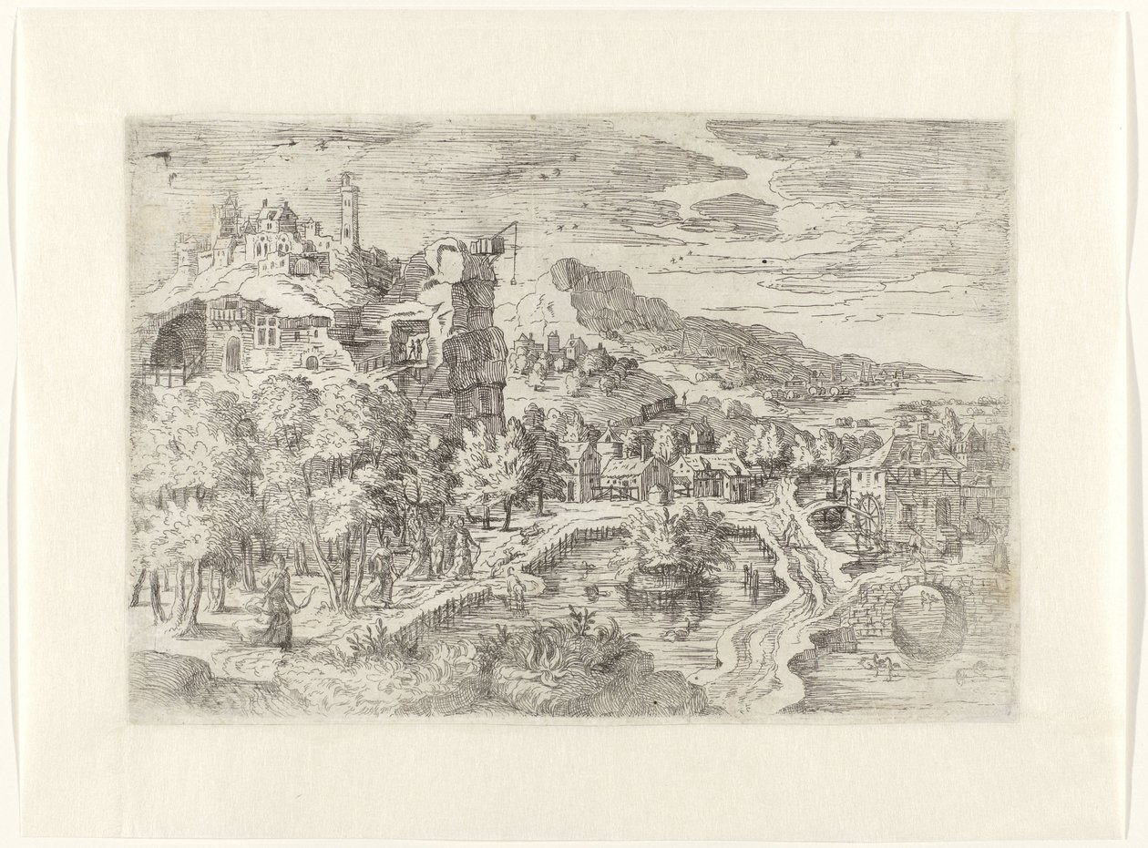 Landschap met vrouwen op jacht door Battista Angolo del Moro (attributed to)