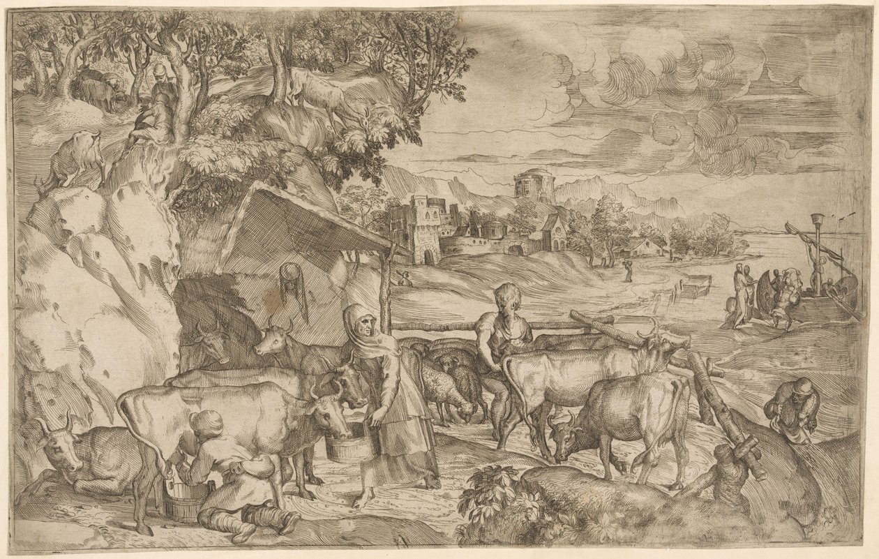 Landschap met vee door Battista Angolo del Moro