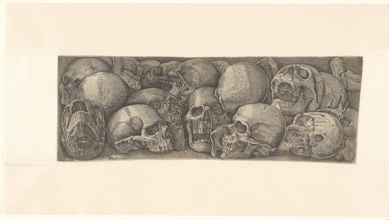 Menselijke schedels, gezien vanuit verschillende hoeken en als fries gegroepeerd door Battista Franco (attributed to)