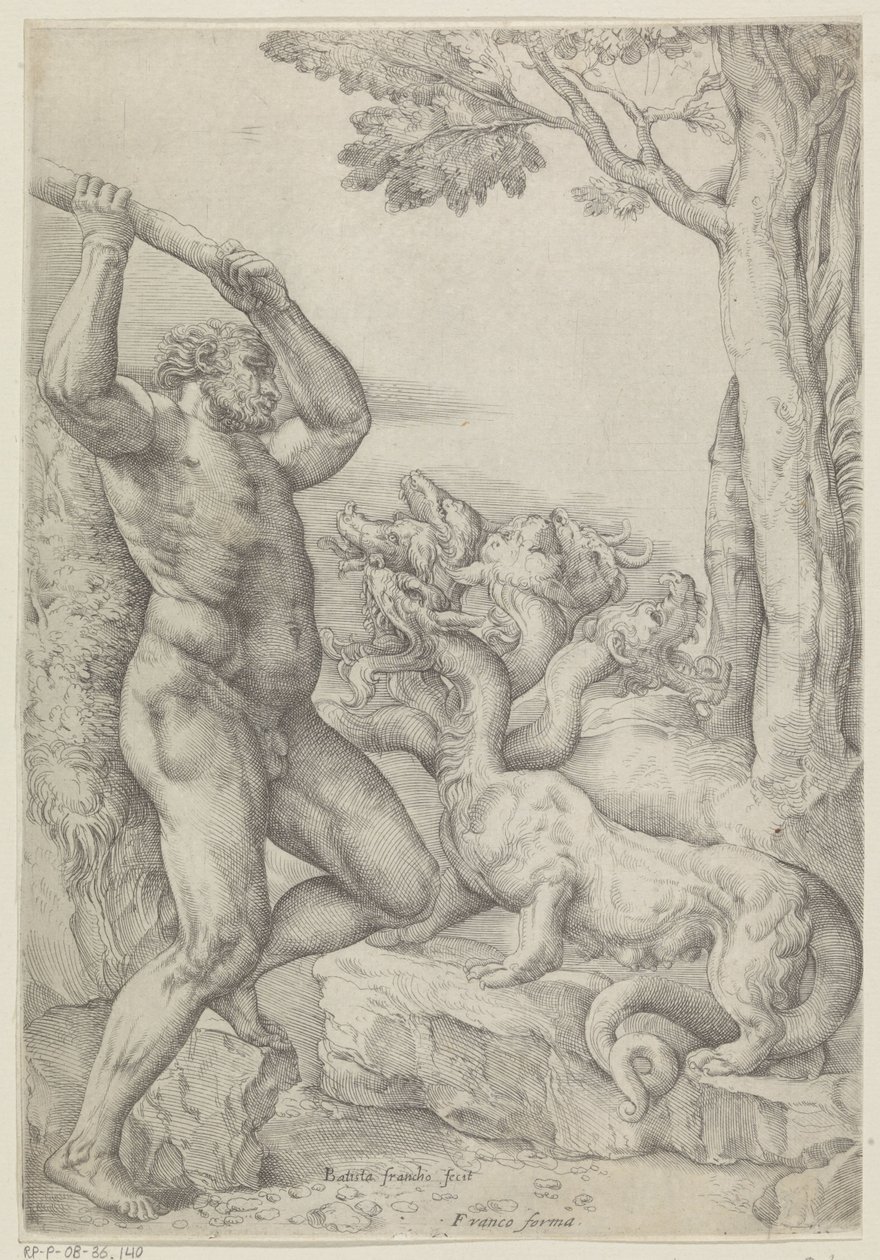 Hercules in gevecht met de Hydra van Lerna door Battista Franco