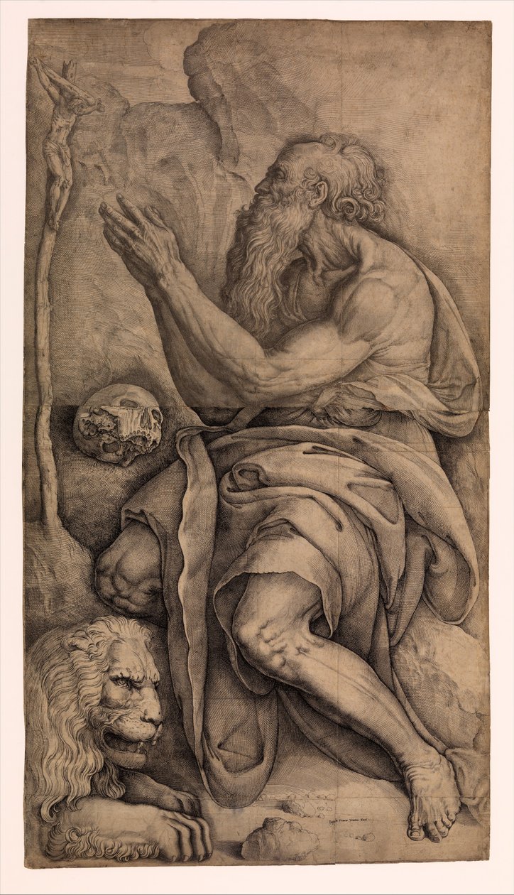 De heilige Hiëronymus geknield voor een kruisbeeld, met een schedel en leeuw door Battista Franco