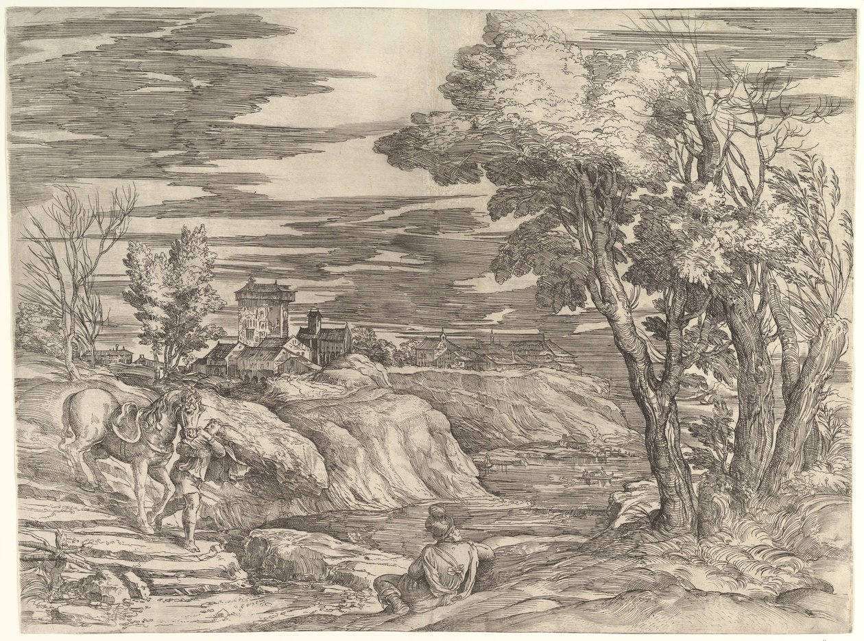Landschap met een ruiter en zijn knecht, ca. 1552-61 door Battista Franco Veneziano