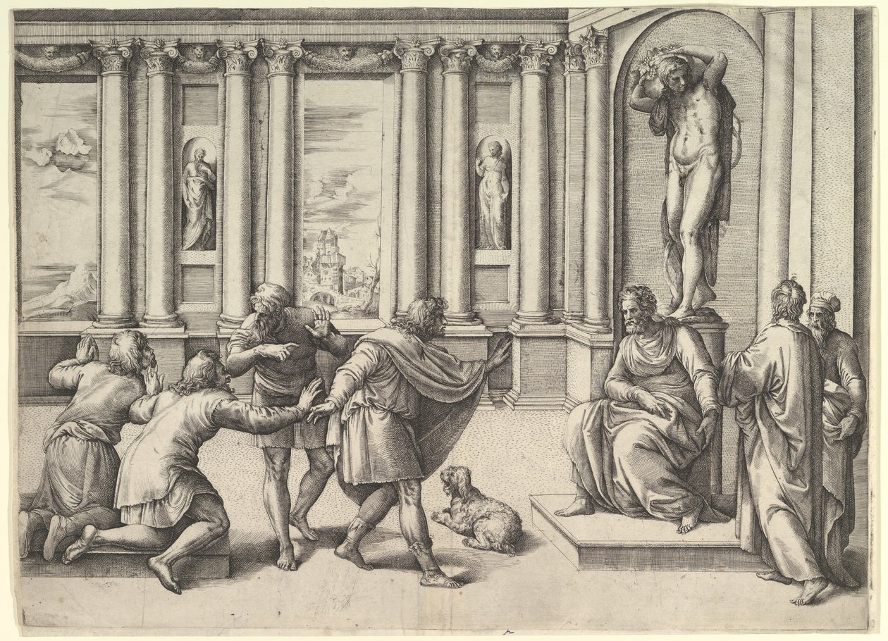 Man zittend onder een standbeeld van Bacchus, ontvangt een audiëntie, ca. 1530-61 door Battista Franco Veneziano