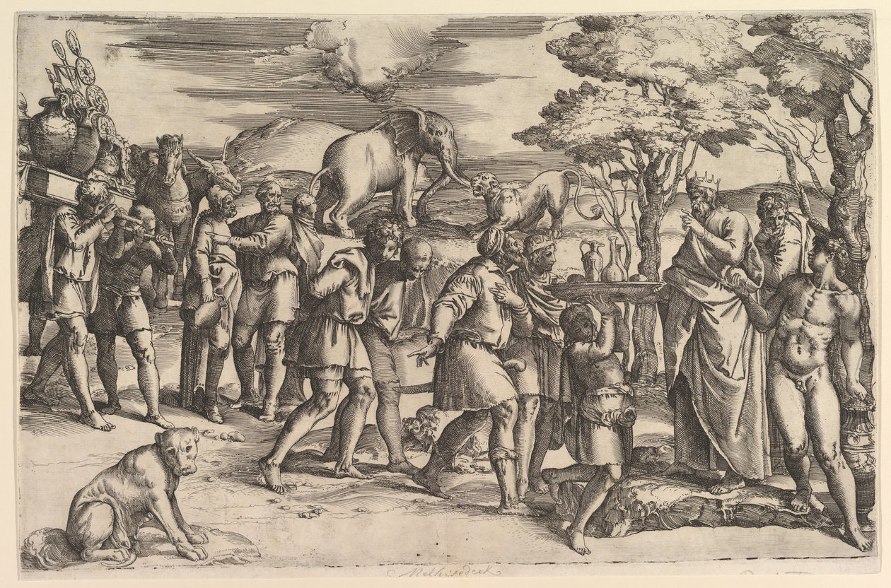 Melchizadek biedt brood en wijn aan Abraham, ca. 1547 door Battista Franco Veneziano