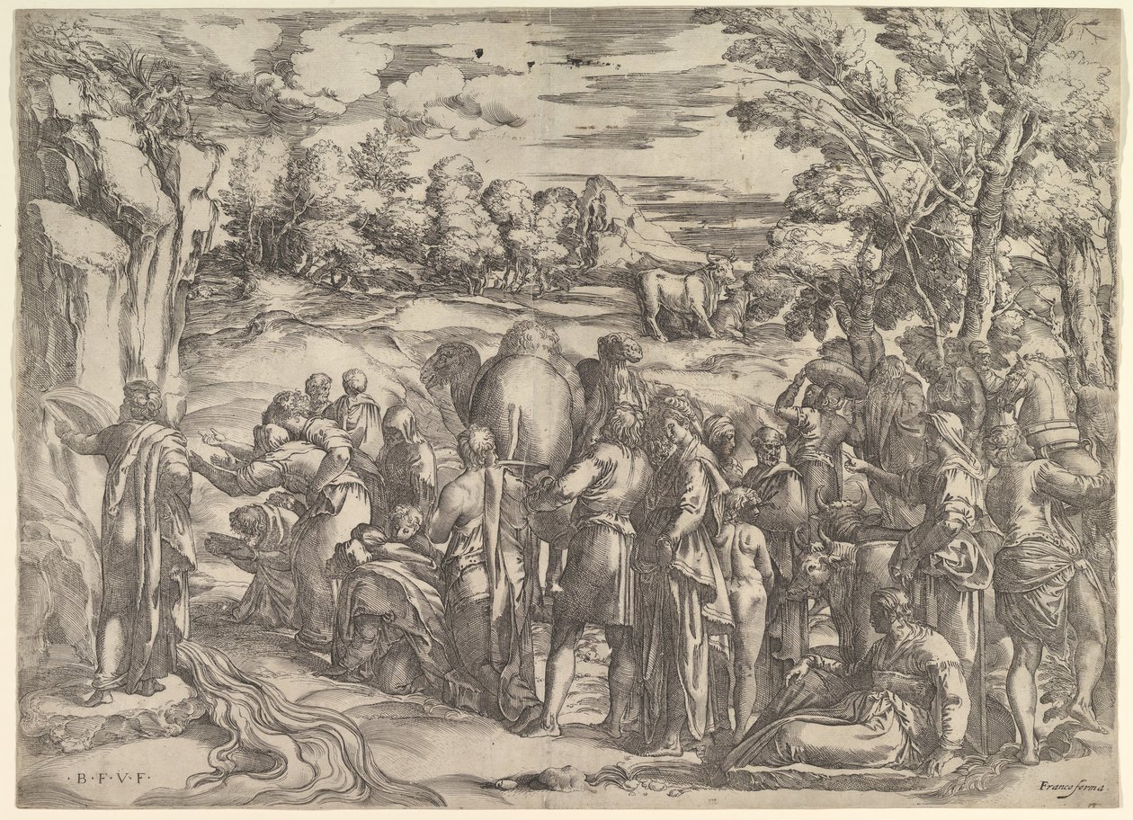 Mozes die Water uit de Rots Haalt, links met stromend water, verschillende figuren door Battista Franco Veneziano