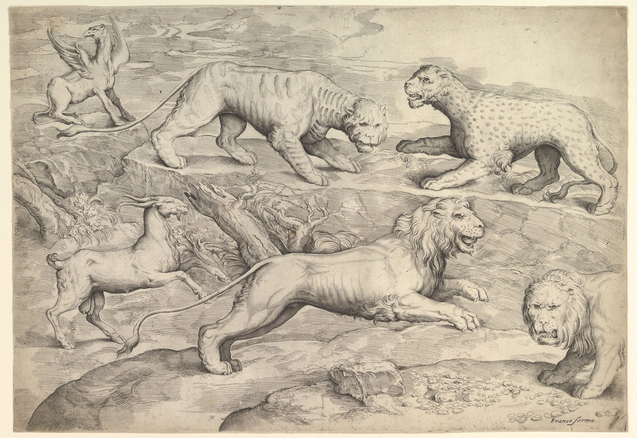 Zes dieren, waaronder leeuwen, een tijger, een luipaard, een griffioen en een geit, ca. 1530-61 door Battista Franco Veneziano