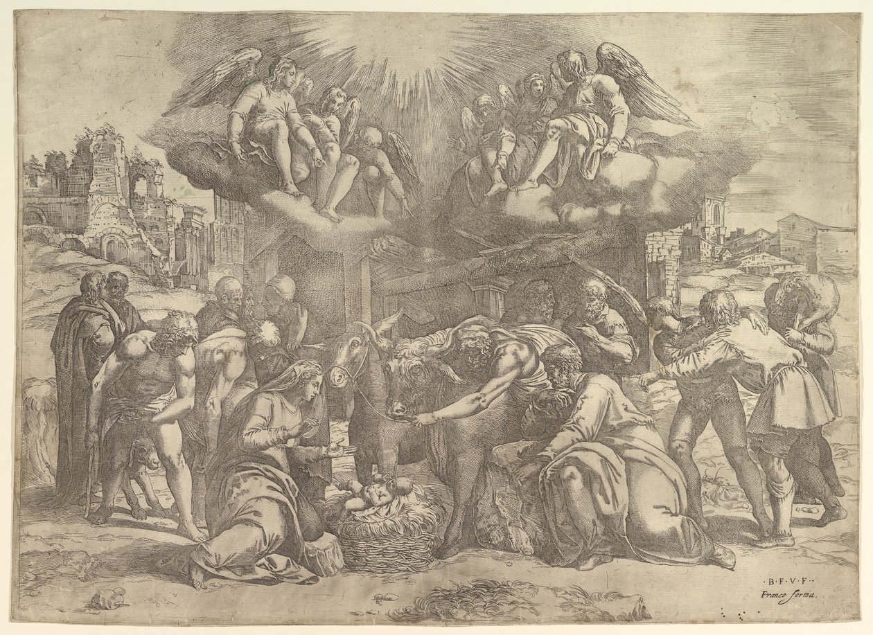 De Aanbidding van de Herders met Engelen erboven door Battista Franco Veneziano