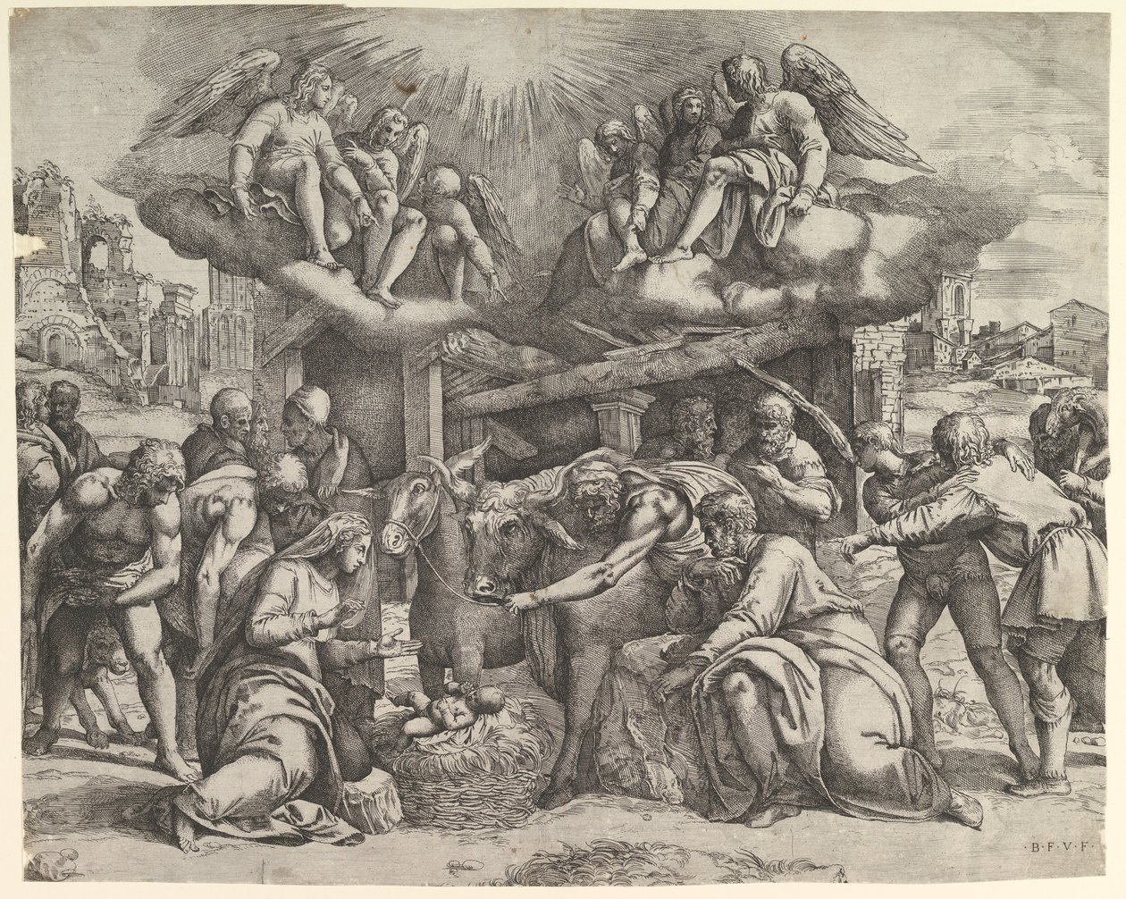 De aanbidding van de herders met engelen boven door Battista Franco Veneziano