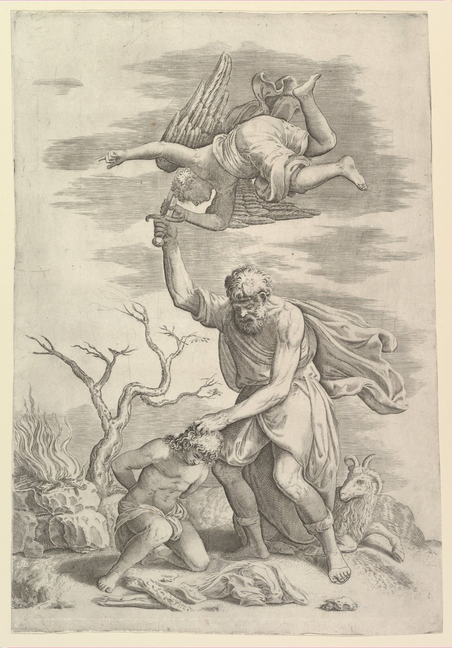 De engel die de arm van Abraham tegenhoudt door Battista Franco Veneziano