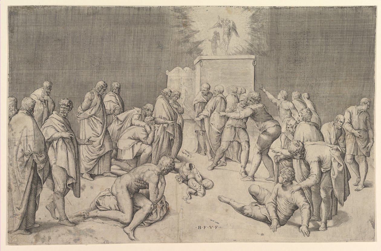 De Filistijnen plaatsen de Ark van het Verbond in de Tempel van Dagon, ca. 1540 door Battista Franco Veneziano