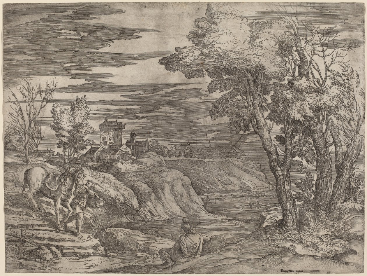 Landschap met een Man die een Paard Leidt door Battista Franco after Titian