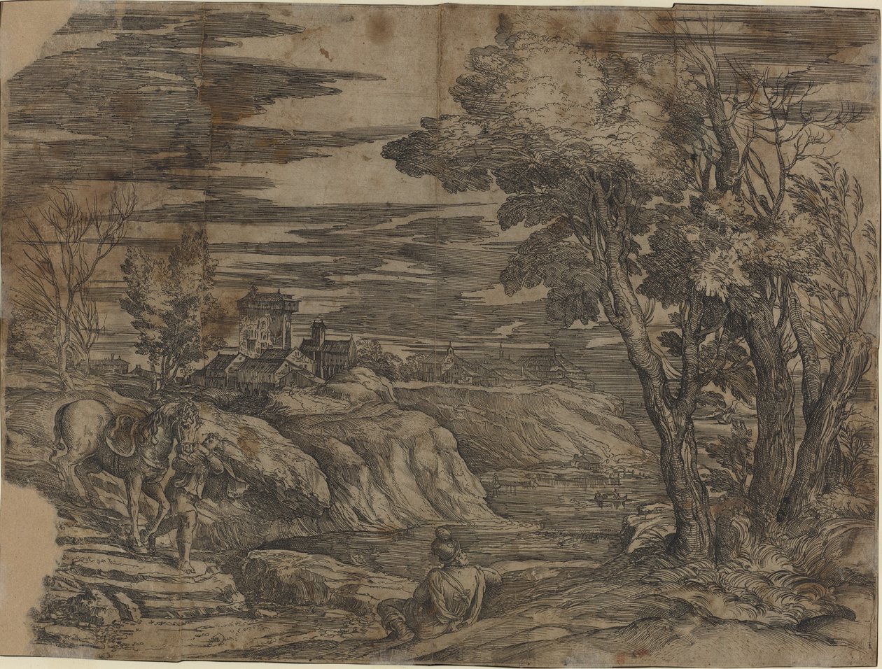 Landschap met een Man die een Paard Leidt door Battista Franco, after Titian
