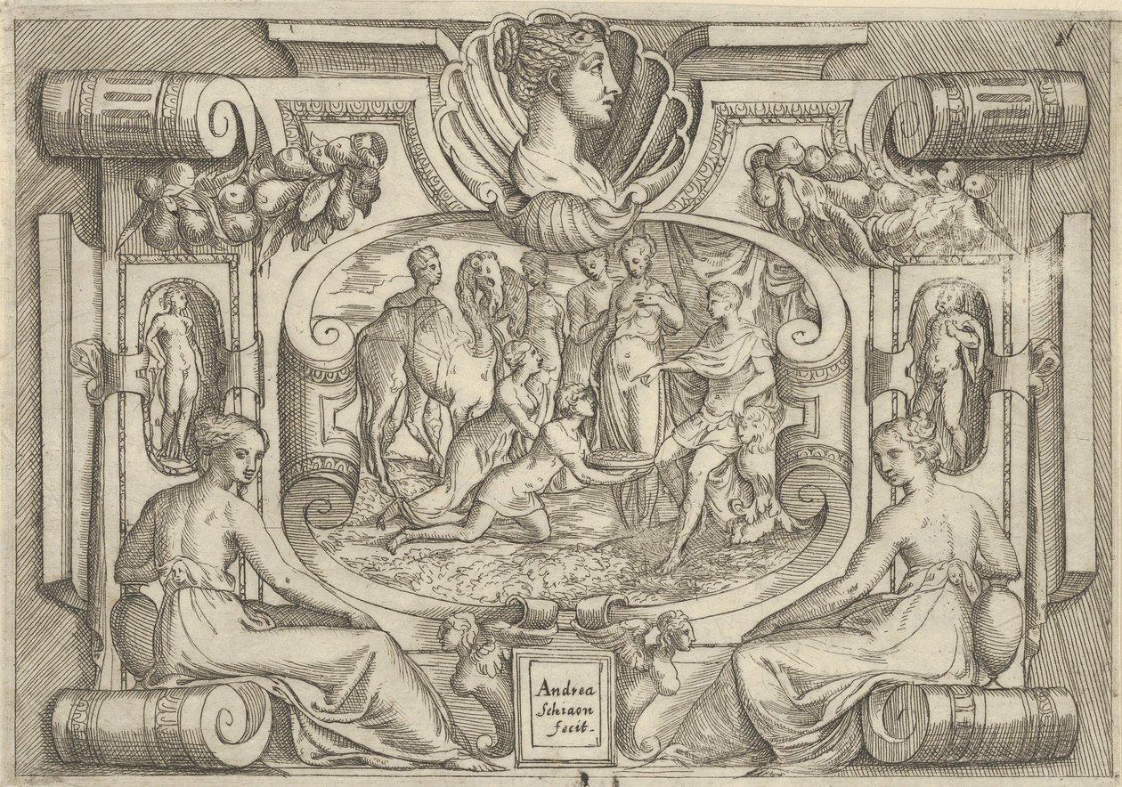 Een man en vrouw die een schaal met munten aanbieden aan een koning op een troon, ca. 1540-80 door Battista del Moro