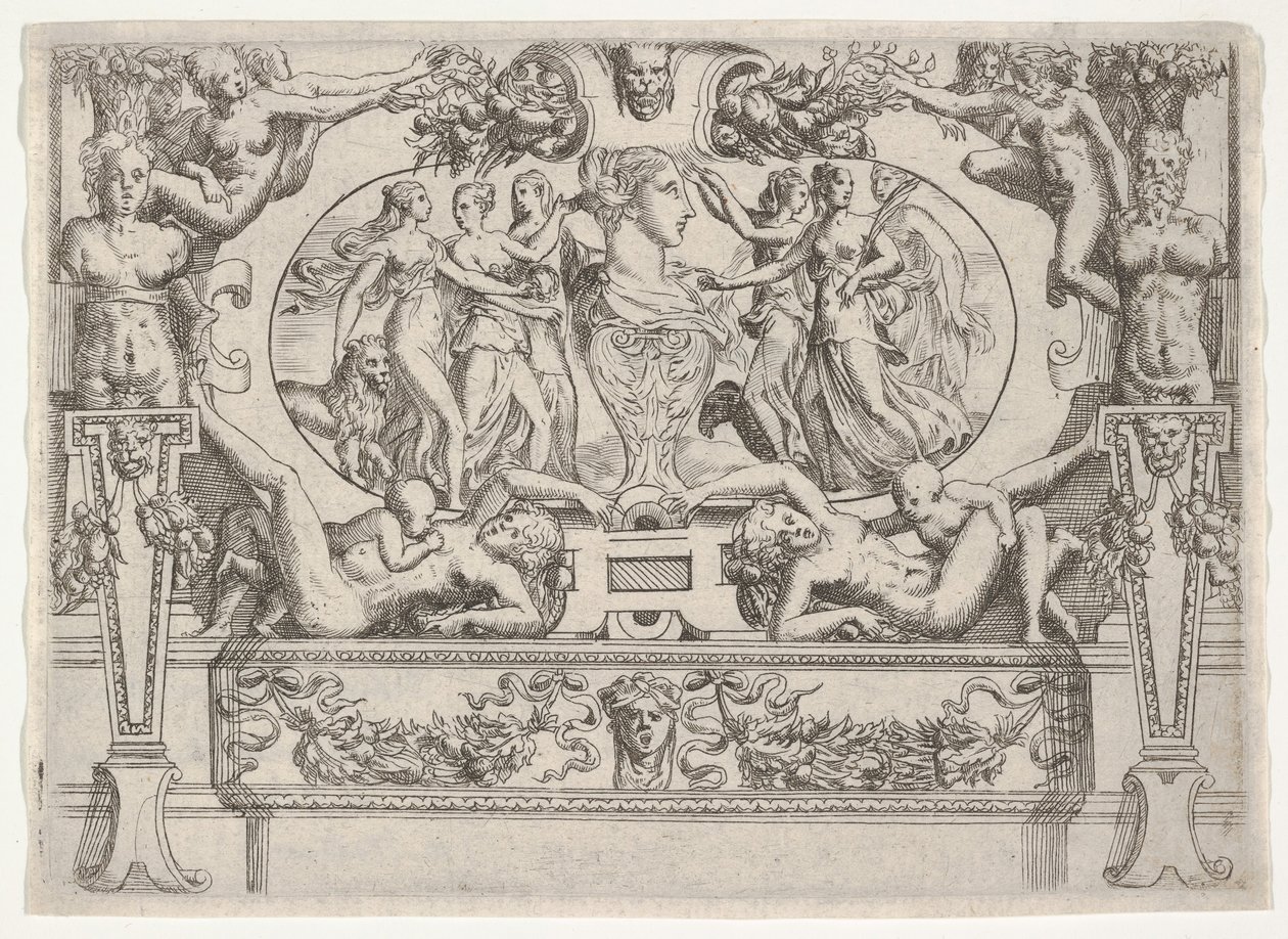 Buste van een vrouw geflankeerd door drie vrouwen aan elke kant, binnen een uitgebreid kader, ca. 1540-80 door Battista del Moro