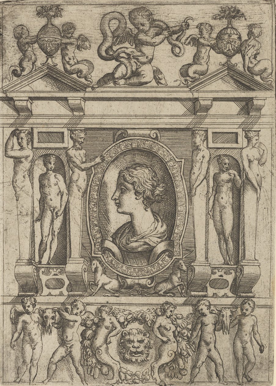 Buste van een vrouw in profiel naar links, in een sierlijk kader met figuren, ca. 1540-80 door Battista del Moro