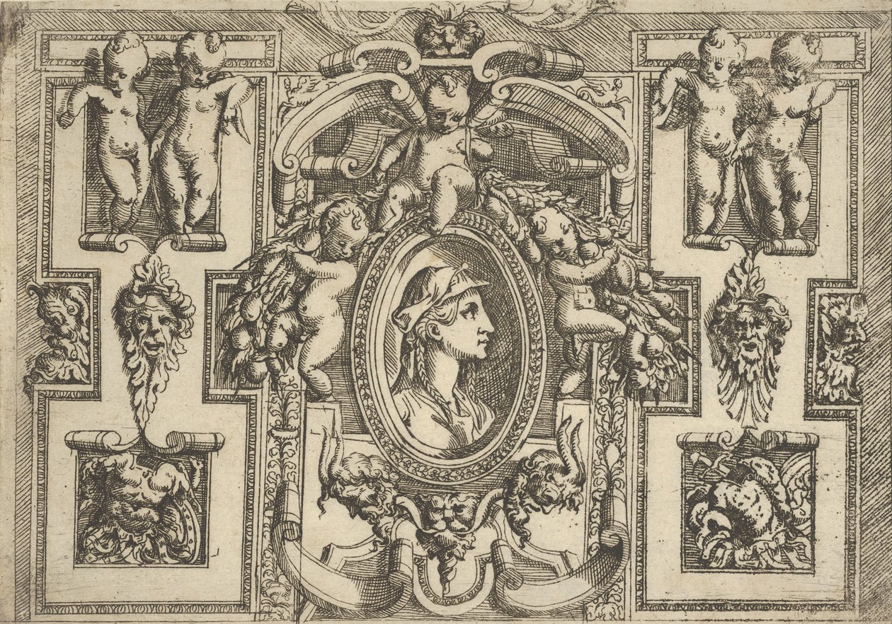 Buste van een vrouw in profiel naar rechts, geplaatst in een sierlijk kader met putti, ..., ca. 1540-80 door Battista del Moro