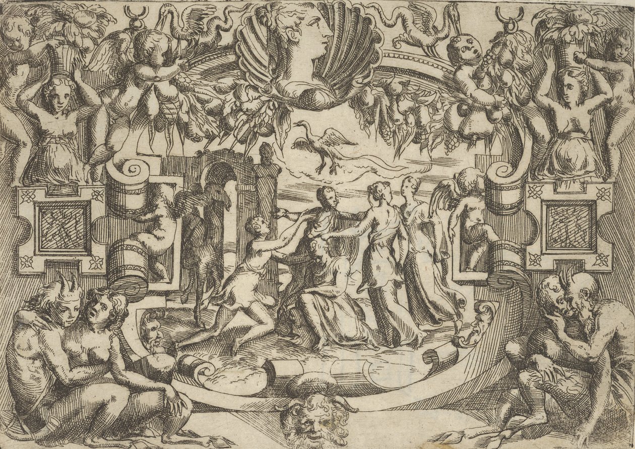 Vier vrouwen rondom een zittend figuur, een vogel boven hen, binnen een ingewikkeld ..., ca. 1540-80 door Battista del Moro