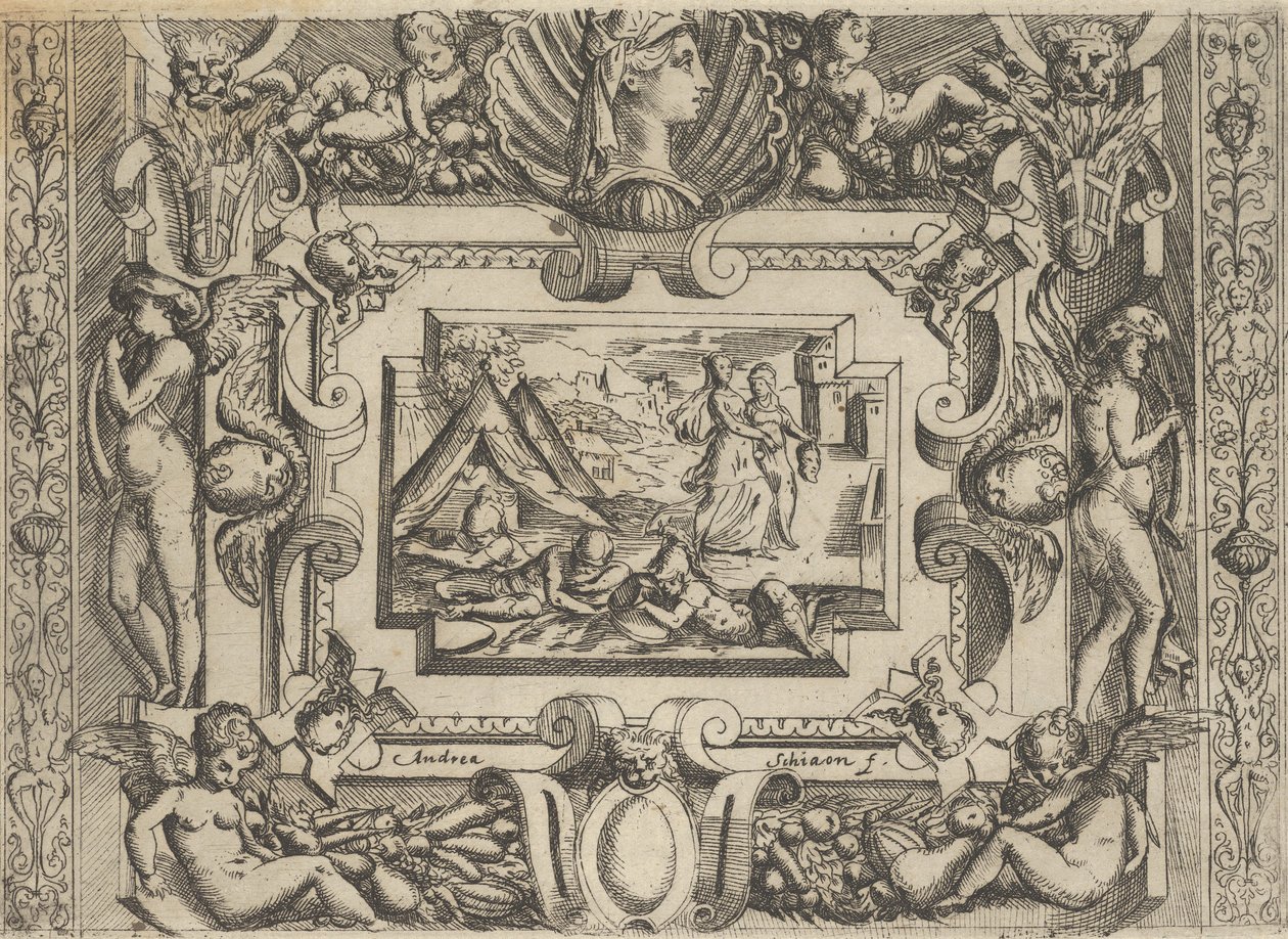 Judith en dienstmeid met het hoofd van Holofernes, binnen een uitgebreide lijst door Battista del Moro
