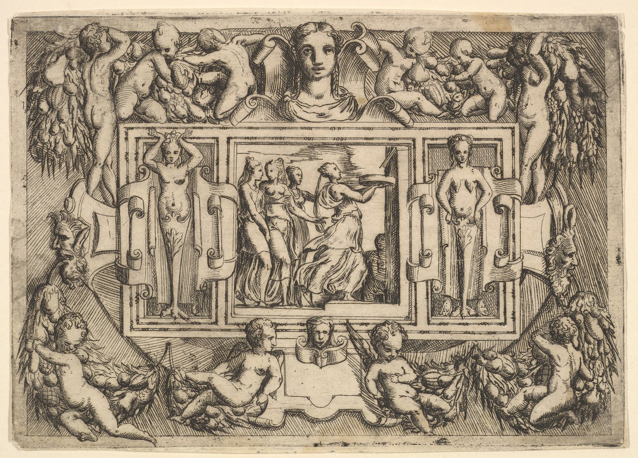 De Cumeaean sibyl loopt naar rechts en draagt een dienblad, gevolgd door drie vrouwen door Battista del Moro