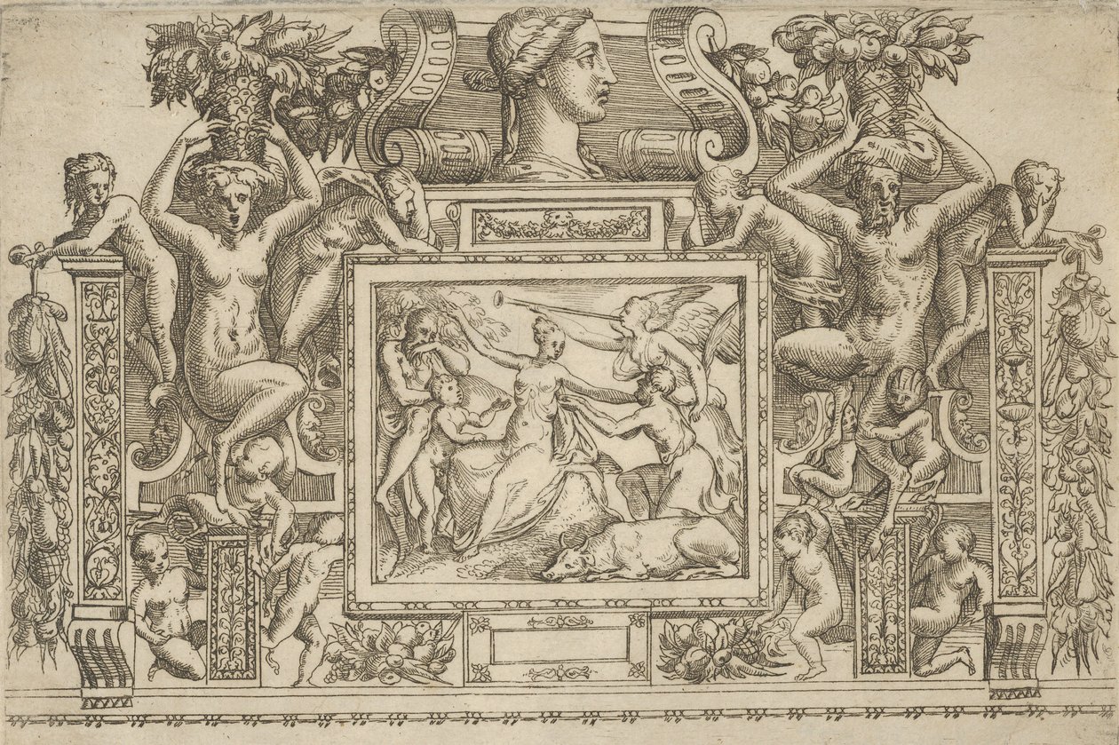 Zittende vrouw met uitgestrekte armen, personificatie van Faam met trompet rechts..., ca. 1540-80 door Battista del Moro