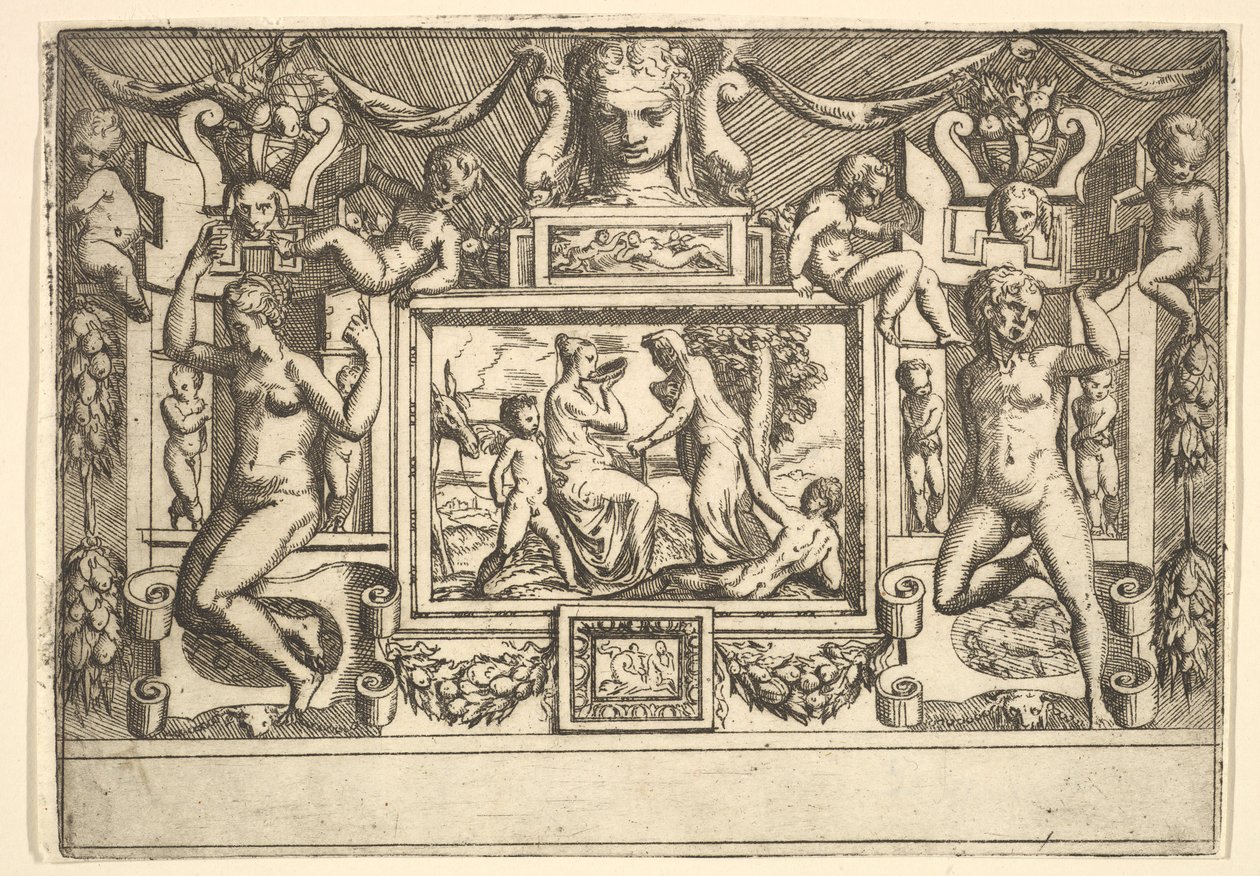 Jonge vrouw drinkt uit een kom, een oude vrouw staat voor haar, ca. 1540-80 door Battista del Moro