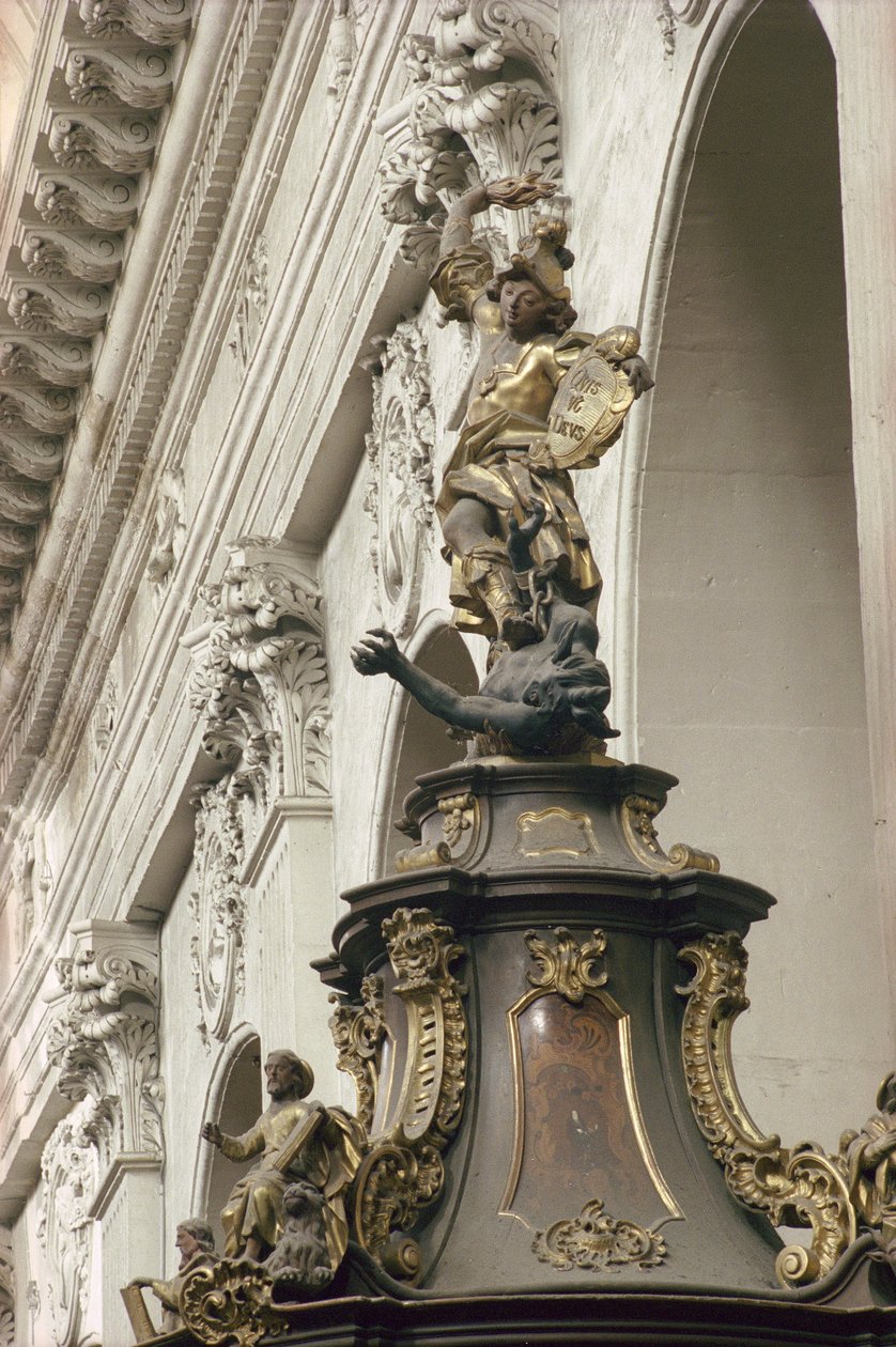 Preekstoel, ook wel Preekstoel van Waarheid genoemd, detail: St. Michael en de draak, 1749 door Bavarian school