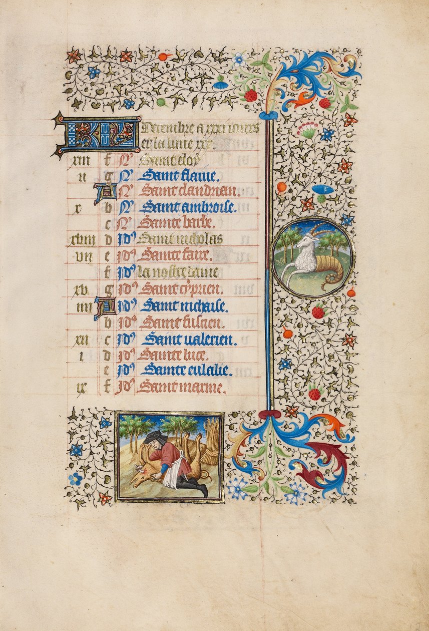 December Kalenderblad; Een varken slachten; Steenbok door Bedford Master