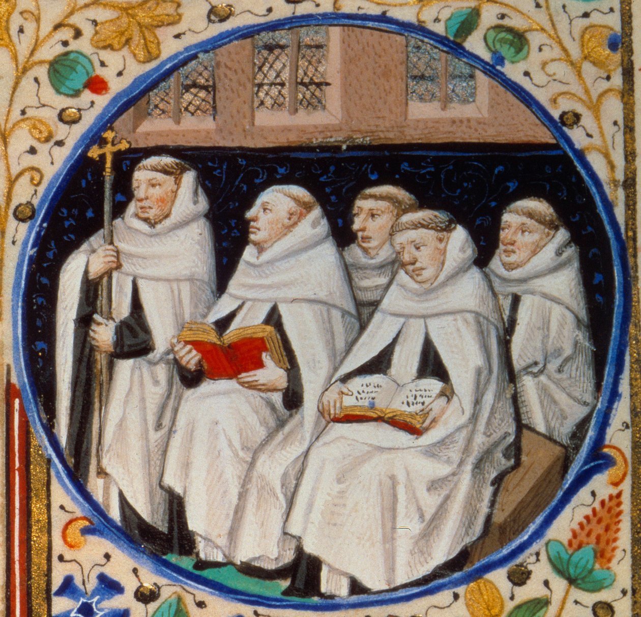 Scène uit het kloosterleven. Detail van monniken van de orde van de Carmen. Miniatuur uit 