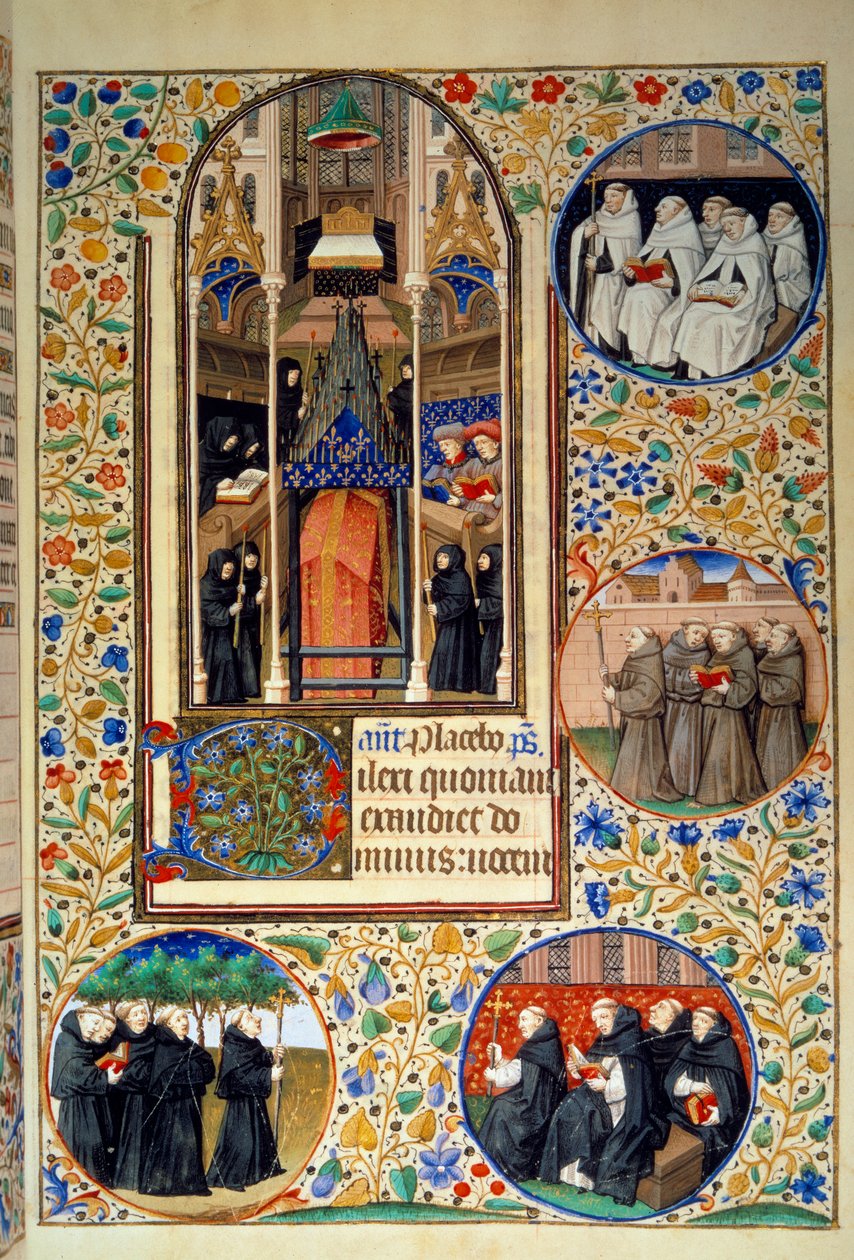 Scène uit het kloosterleven. In de medaillons, van boven naar beneden, de Karmelieten, Franciscanen, Dominicanen, Augustijnen (links). Miniatuur uit het 
