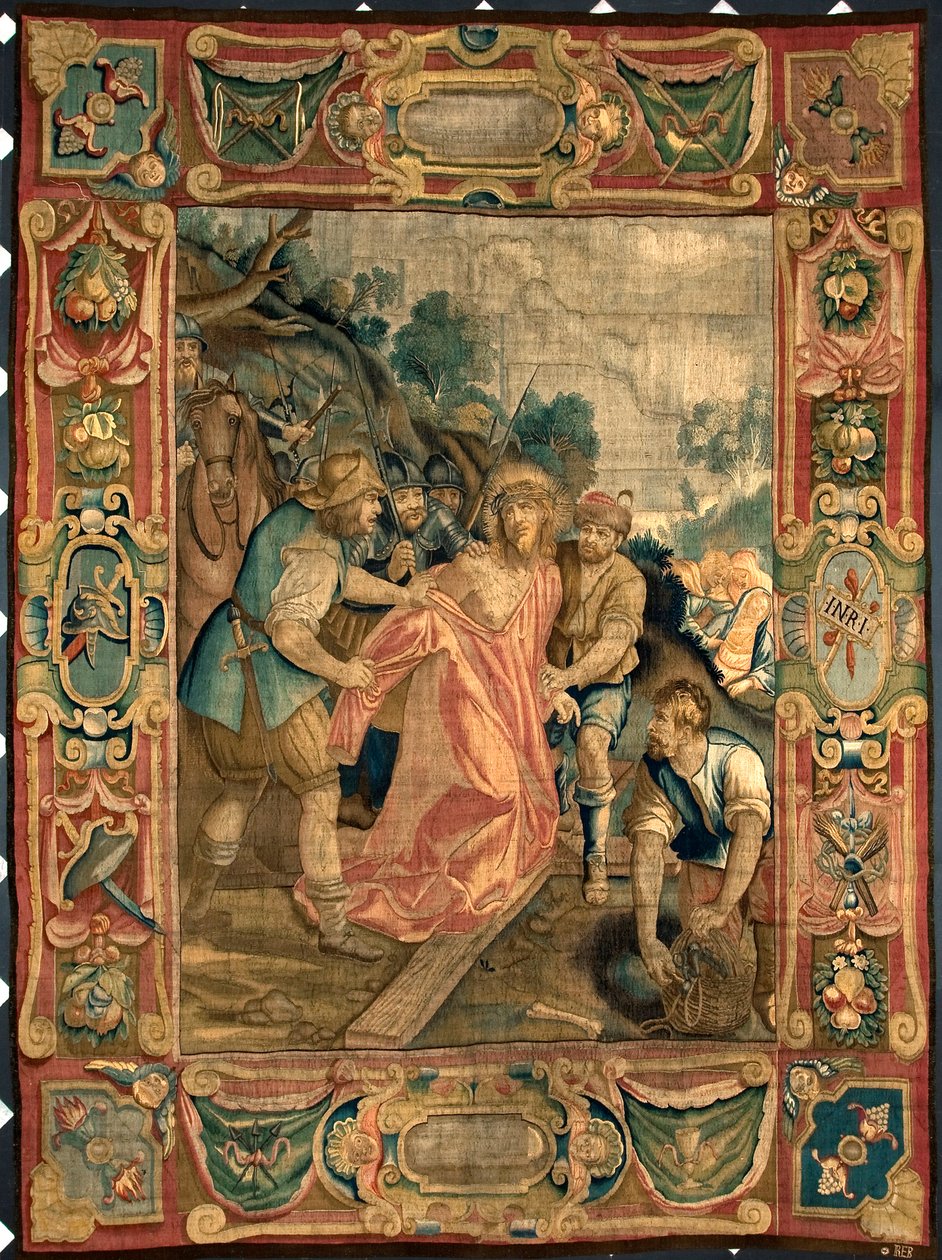 Christus wordt van zijn kleren beroofd. Wandtapijt gemaakt in de manufacturen van Brussel. 16e eeuw Genua, Musei di Strada Nuova door Belgian School