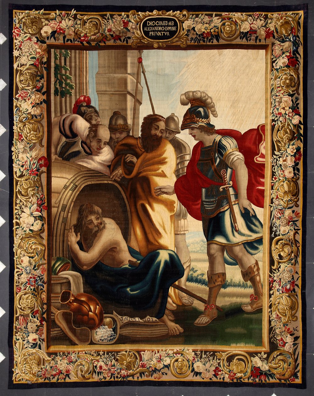 Diogene en Alexander: ontmoeting tussen de Griekse filosoof Diogene de Sinope (413-327 v.Chr.) in zijn ton en koning Alexander de Grote (356-323 v.Chr.) in Korinthe. Toen de veroveraar hem vroeg wat hij wilde, antwoordde Diogene: "Neem een beetje van mijn  door Belgian School