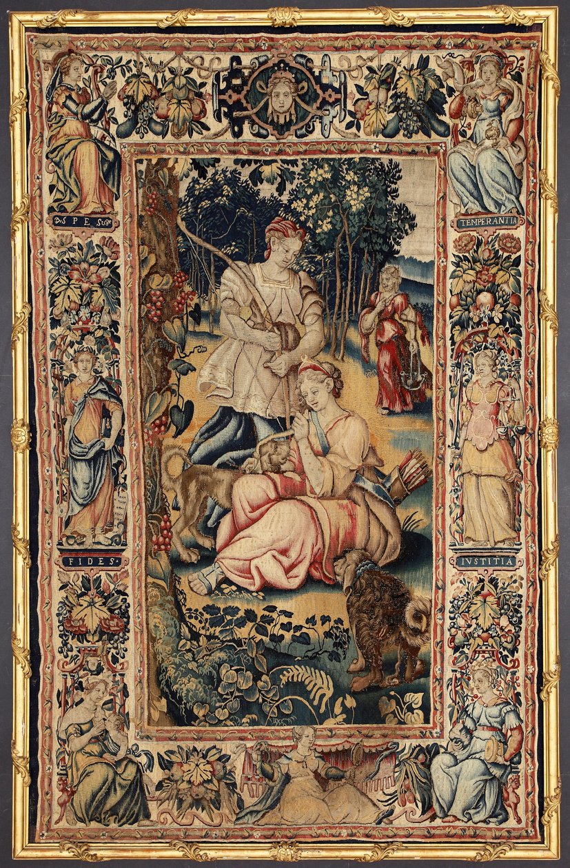 Godin van de jacht Diane en Deugd. Wandtapijt gemaakt in de fabrieken van Brussel. 16e eeuw Genua, Musei di Strada Nuova door Belgian School