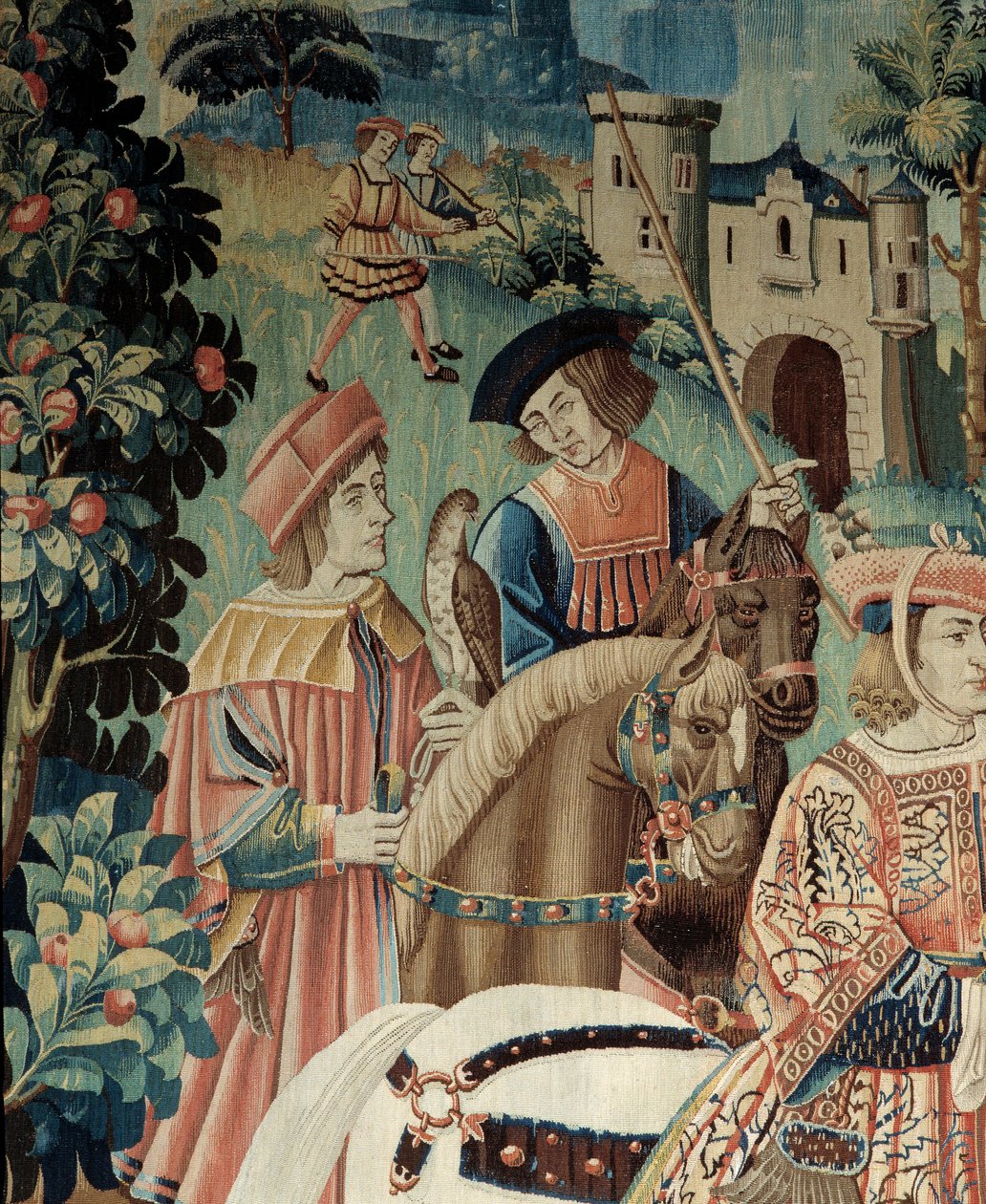 Middeleeuwen: het begin van de valkenjacht te paard. Detail van een zijde- en wolwandtapijt uit het begin van de 16e eeuw. Uit Henegouwen. Parijs, Nationaal Museum van de Middeleeuwen, Thermen van Cluny door Belgian School