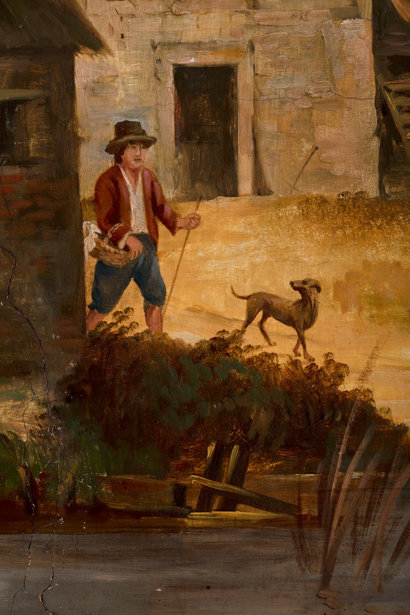 Tweede achterkamer achteraan, vergaderzaal, muurschilderingen met landelijke scènes in klassieke stijl, waarschijnlijk rond 1810, scène 3 door Belgian School