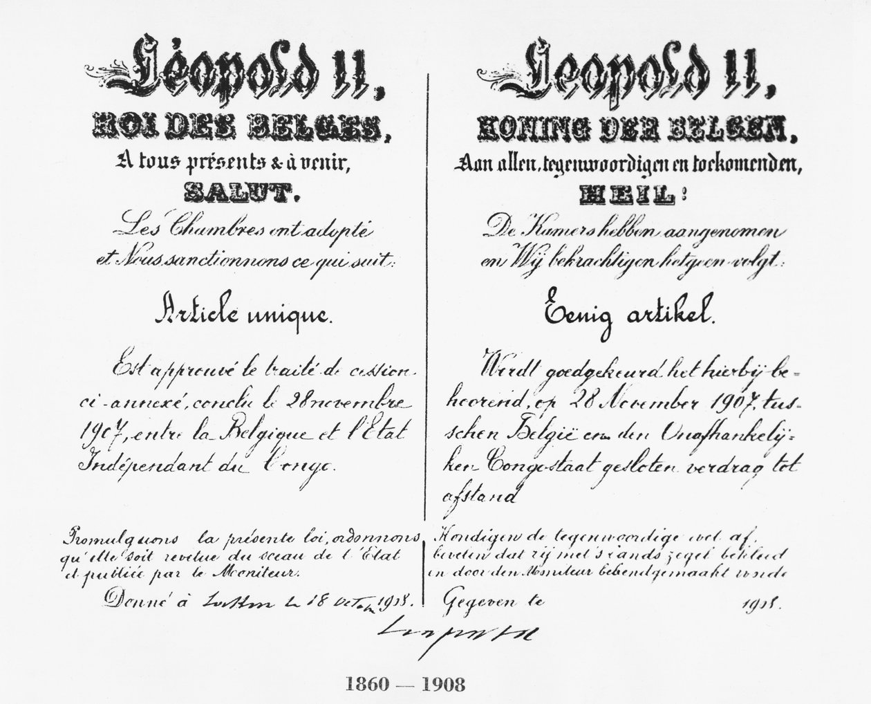 Handtekening van koning Leopold II (1835-1909) ter goedkeuring van de annexatie van Congo aan België, 1908 door Belgian School