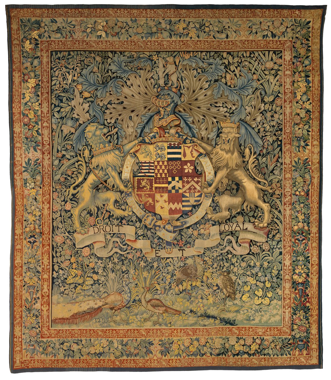 Verdure wandtapijt met de Wapens van Robert Dudley, Graaf van Leicester (een van een paar met 47.1), gemaakt in Vlaanderen, België, circa 1570-85 door Belgian School
