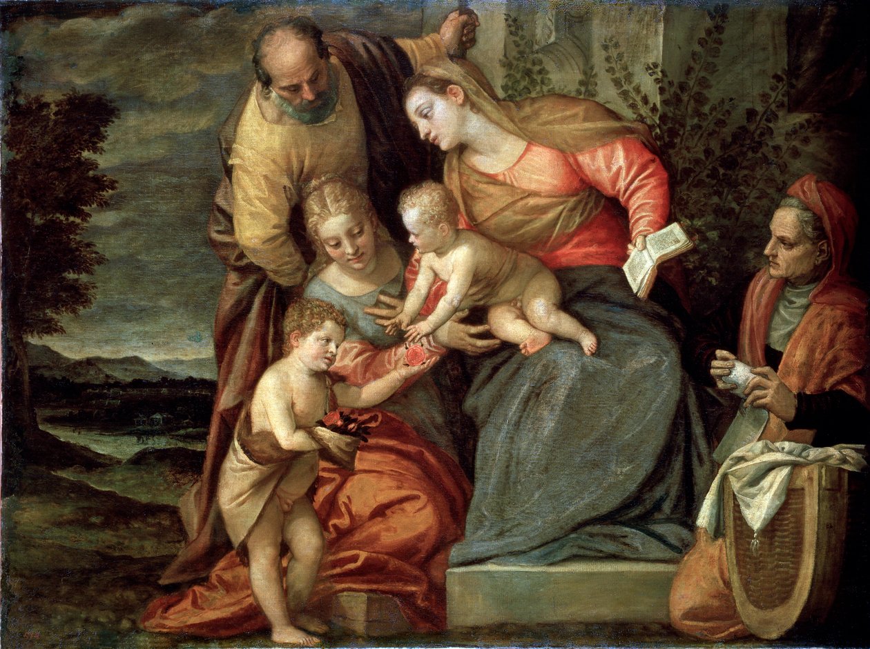 De Heilige Familie met de heiligen Catharina, Anna en Johannes de Doper door Benedetto Caliari