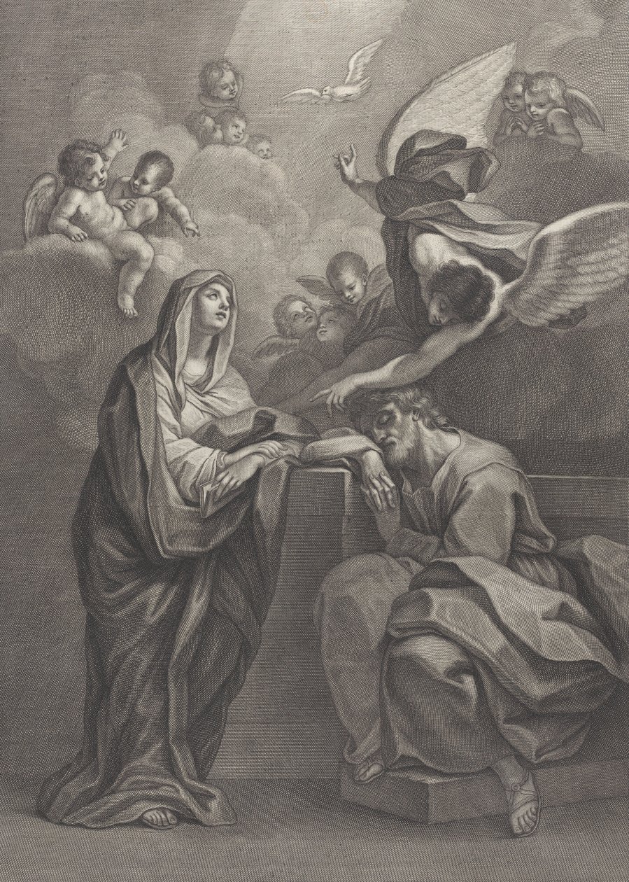 Plaat 6: Droom van Sint Jozef, met de Maagd Maria links en een engel boven die wijst door Benedetto Eredi