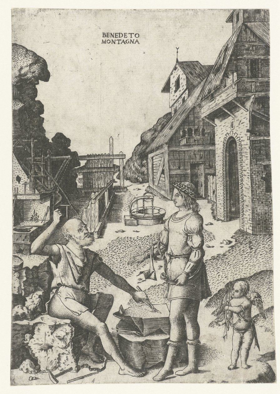 Apollo met Cupido bij Vulcanus door Benedetto Montagna