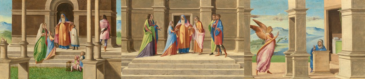 De presentatie en het huwelijk van de Maagd, en de annunciatie door Benedetto Rusconi