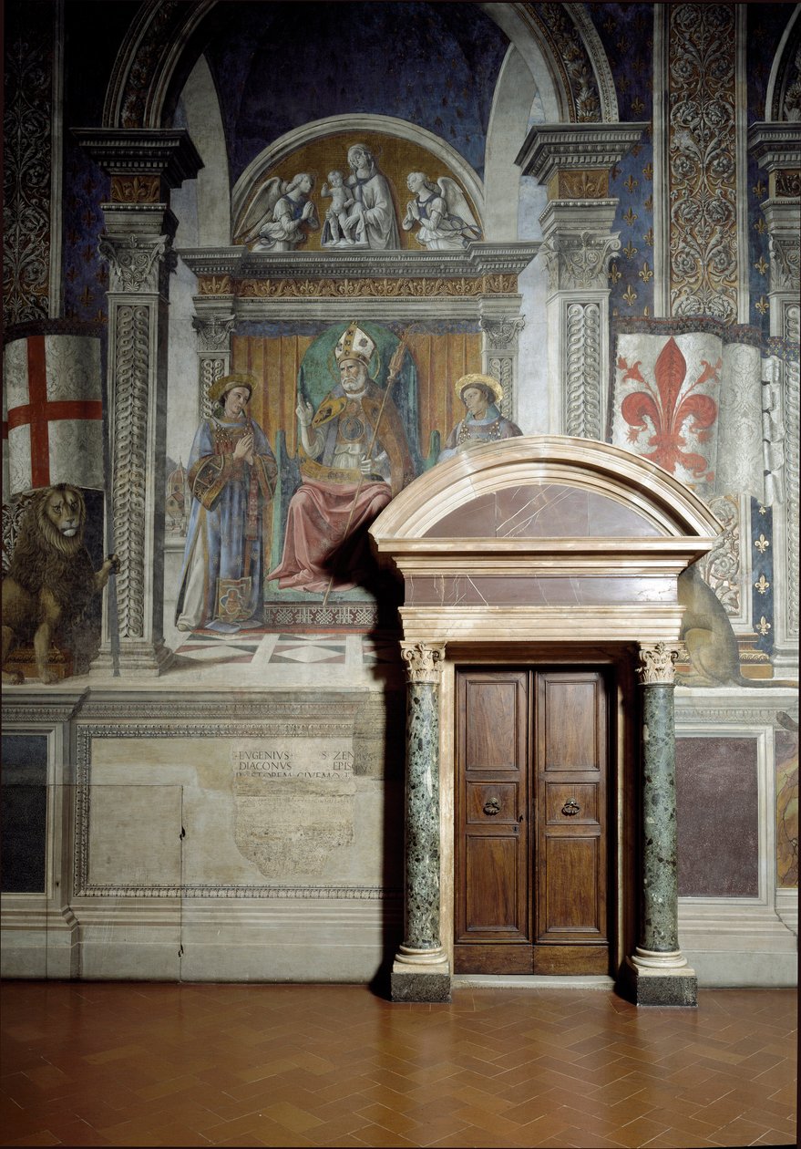 Sint Zanobius, Sint Laurentius en Sint Stefanus (Zaal van Lelies) (fresco) door Benedetto da Maiano