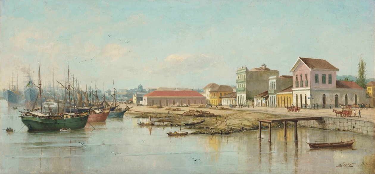 Benedito Calixto - Porto do Bispo, Santos, SP, gezien vanaf de zee, 1887 door Benedito Calixto