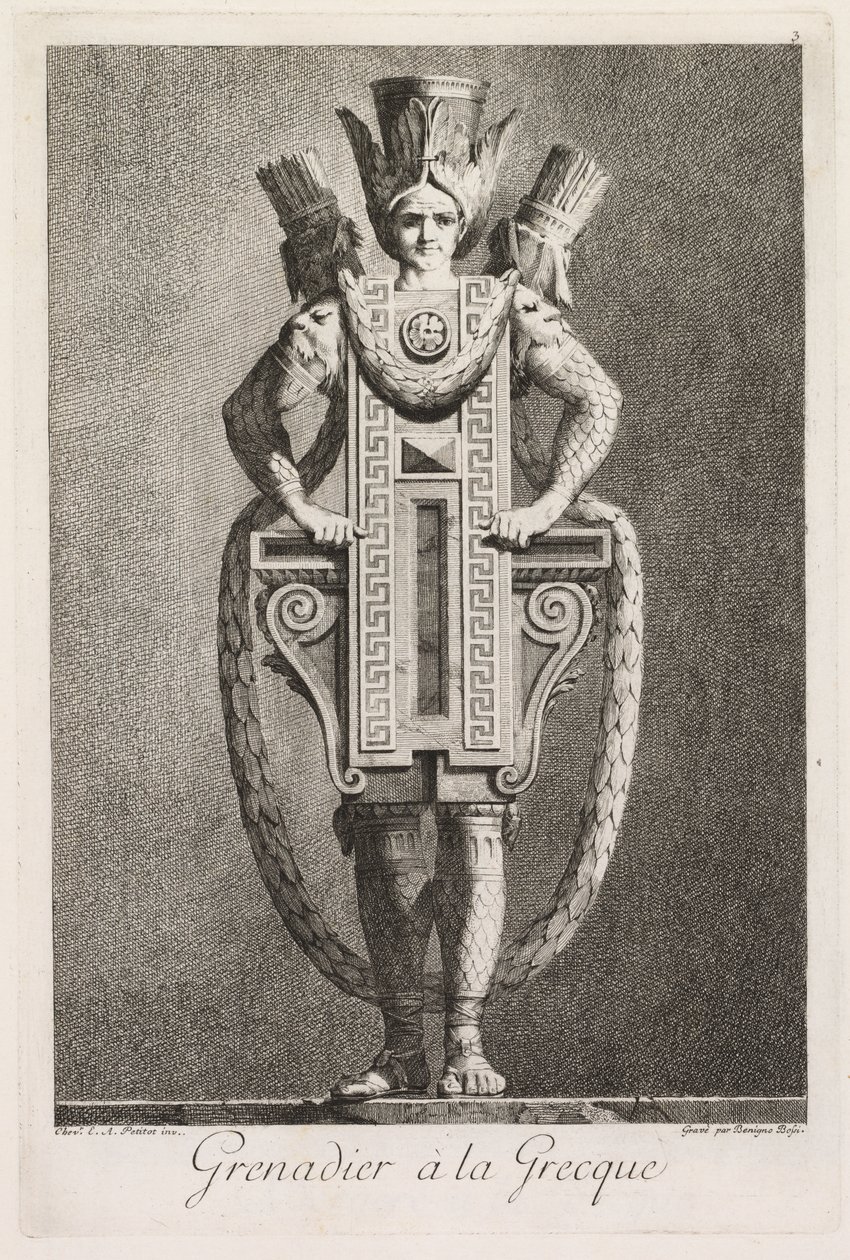 Mascarade à la Grecque: Grenadier à la Grecque (Plate 3) door Benigno Bossi