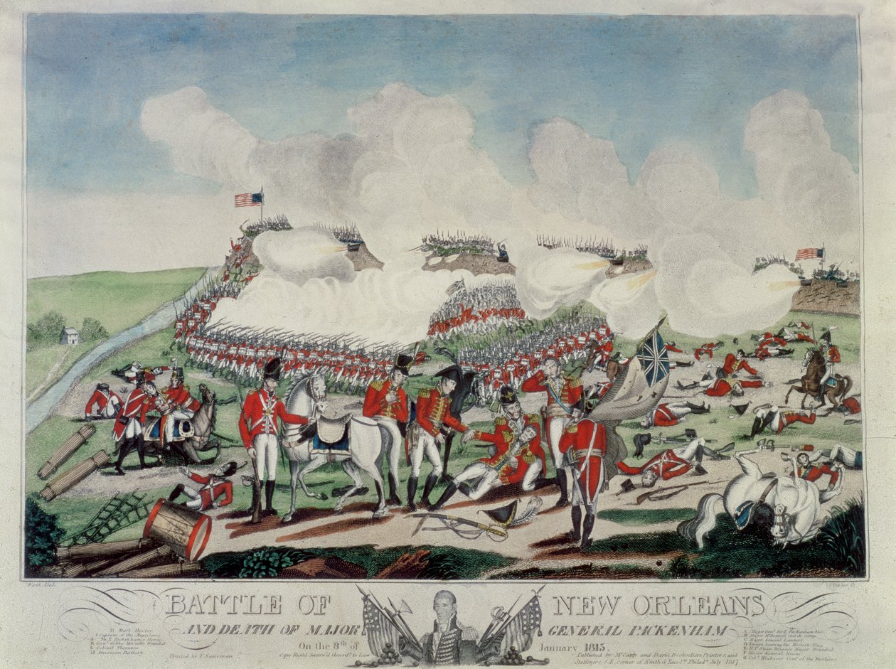 Slag bij New Orleans en de Dood van Generaal-majoor Packenham op 8 januari 1815, gegraveerd door J. Yeager, gepubliceerd door McCarly en Davis, 1817 door Benjamin West