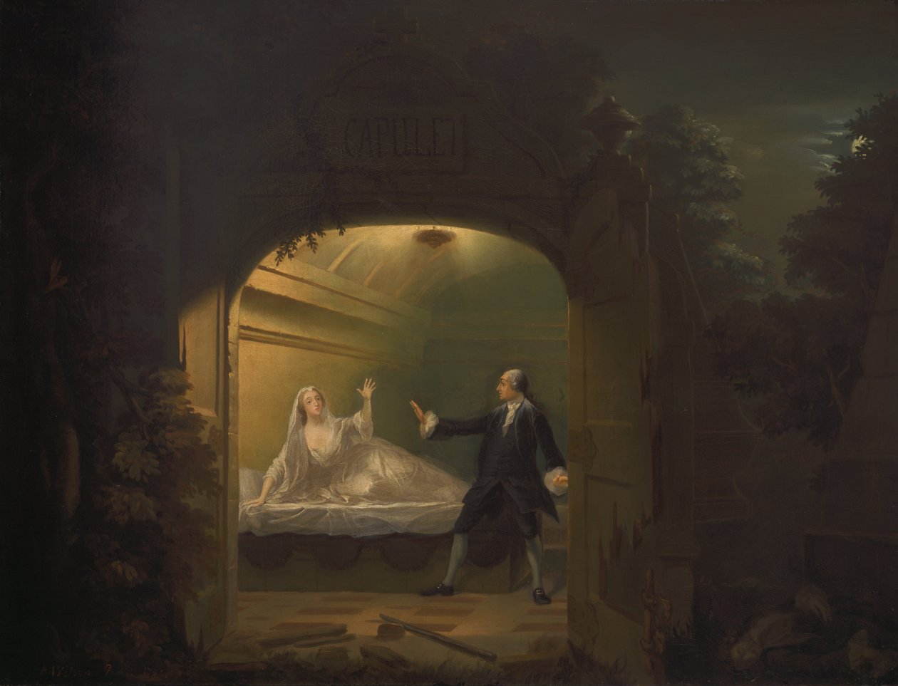 David Garrick en George Anne Bellamy in Romeo en Julia, Act V, Scene iii door Benjamin Wilson