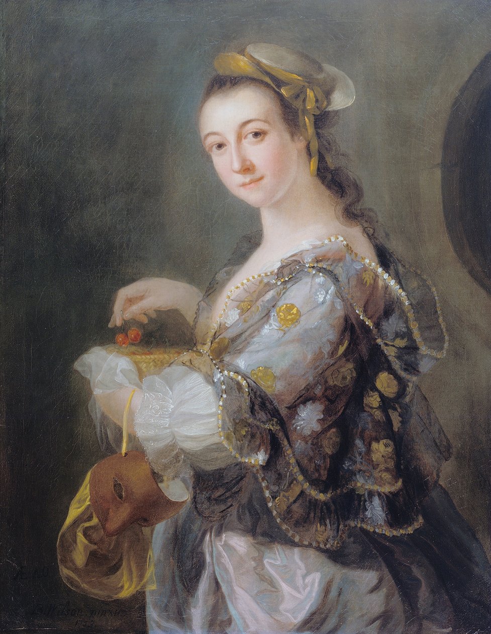 Portret van een dame met masker en kersen door Benjamin Wilson