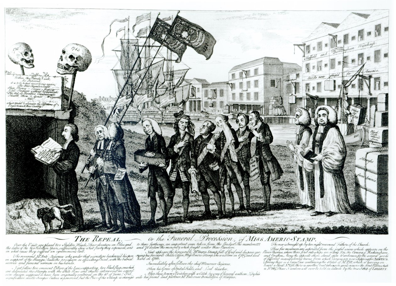 De Herroeping, of de Begrafenisstoet van Miss Americ-Stamp, gepubliceerd 1766 door Benjamin Wilson